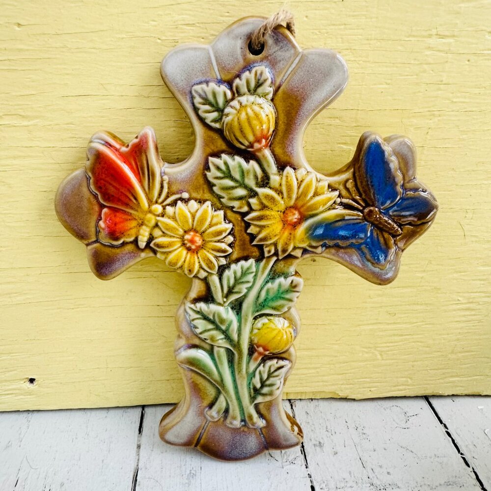 Vintage Ceramic Cross, Butterflies Sunflower Adorned Cross, Retro Wall Cross - Picture 2 of 6